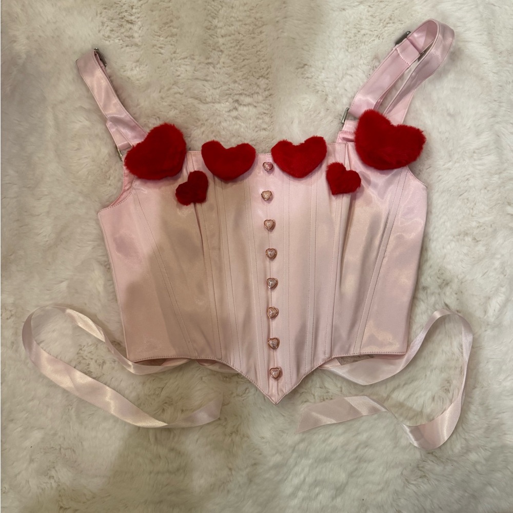 NWOT Sugar Thrillz Pink Satin Corset with fuzzy red hearts size small